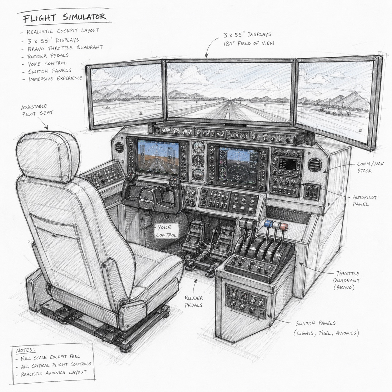 Fixed-base cockpits, co-developed with our aviation partner.